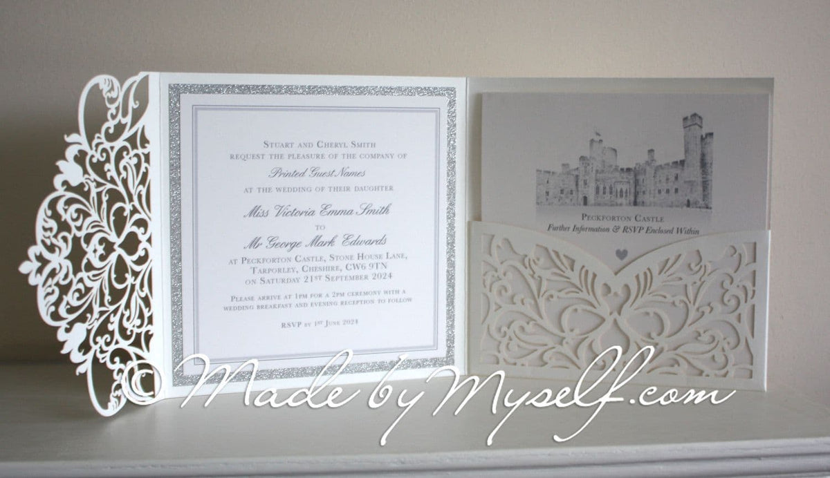 Juliette Lasercut Pocketfold Wedding Invitation - Includes RSVP & Guest Information