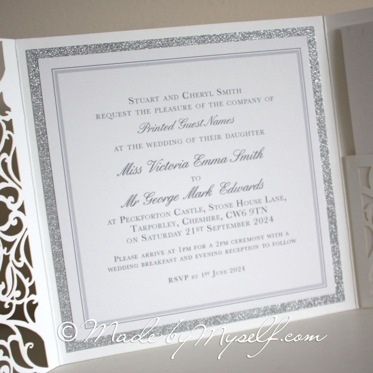 Juliette Lasercut Pocketfold Wedding Invitation - Includes RSVP & Guest Information